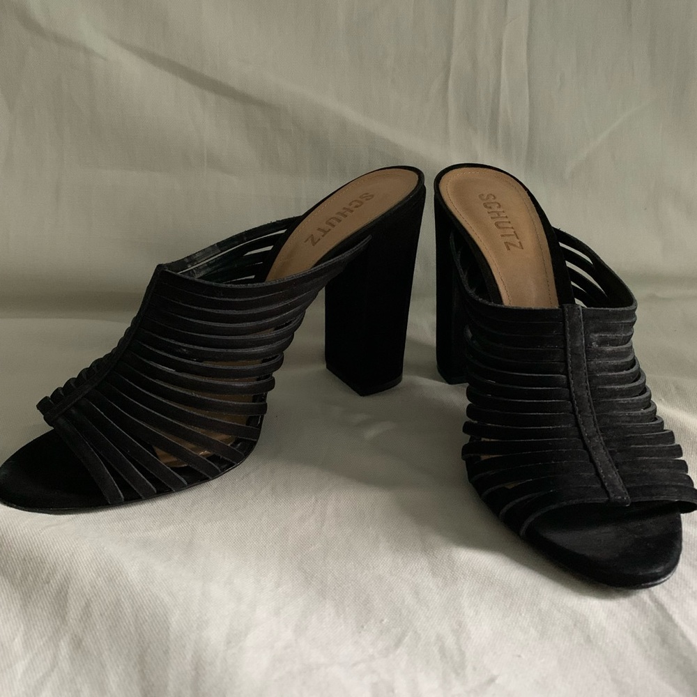 Schutz Black Suede Strappy Slides Sz 10 - image 1